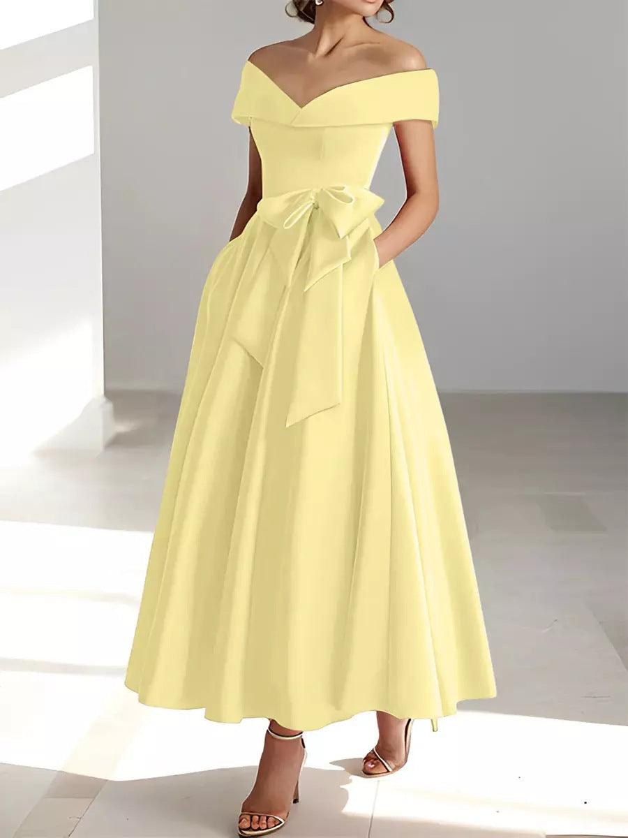 Women's Off-Shoulder Satin Maxi Dress with Bow Waist