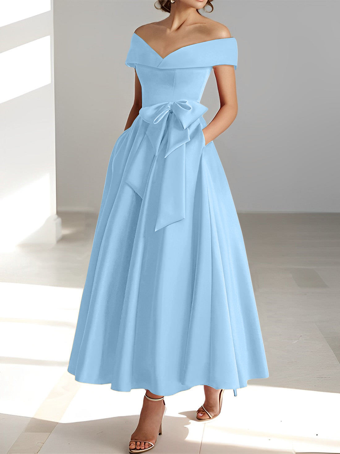 Women's Off-Shoulder Satin Maxi Dress with Bow Waist