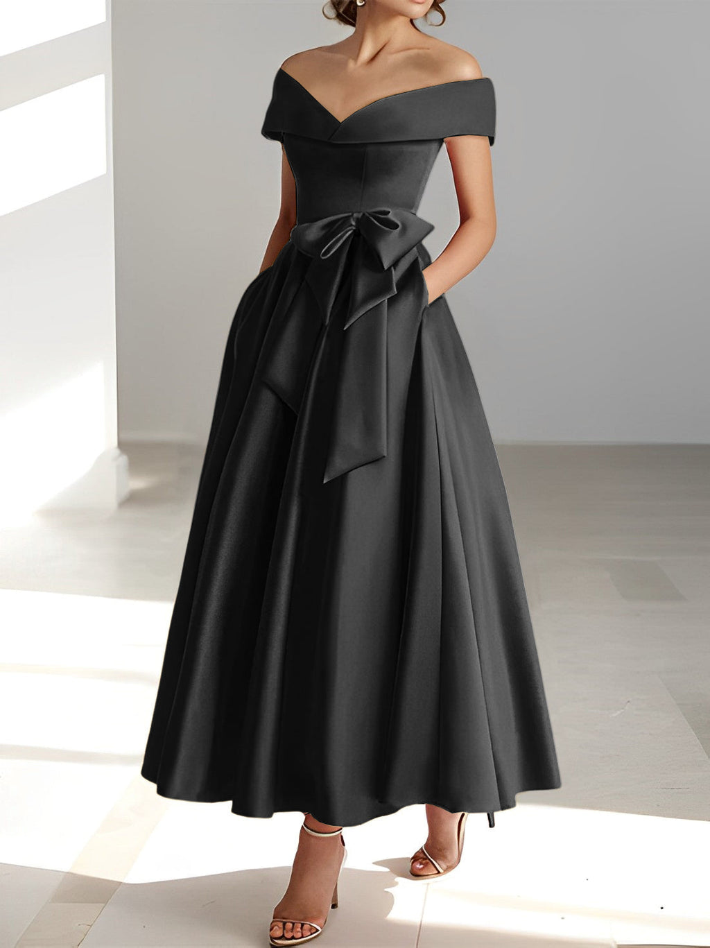 Women's Off-Shoulder Satin Maxi Dress with Bow Waist