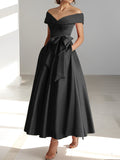 Women's Off-Shoulder Satin Maxi Dress with Bow Waist