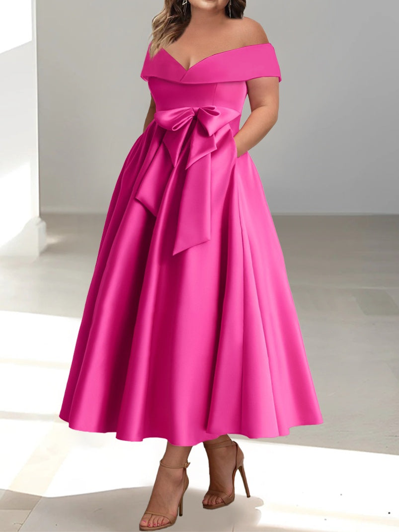 Women's Off-Shoulder Satin Maxi Dress with Bow Waist