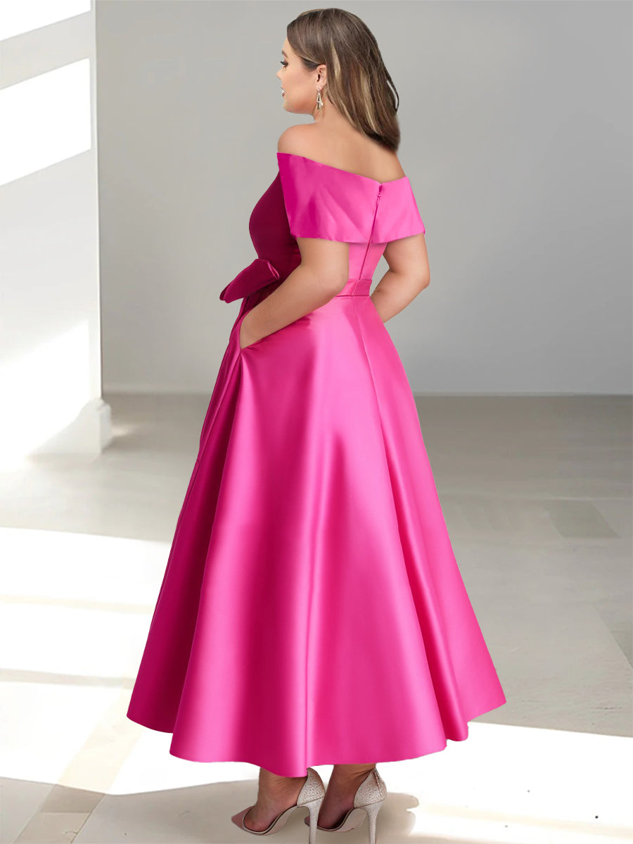 Women's Off-Shoulder Satin Maxi Dress with Bow Waist