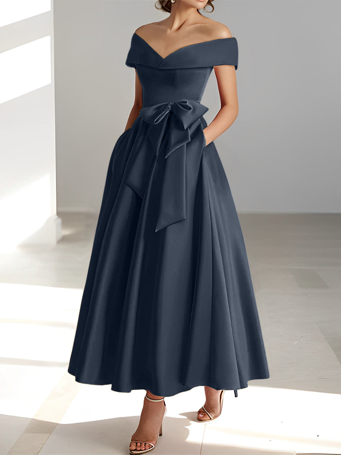 Women's Off-Shoulder Satin Maxi Dress with Bow Waist