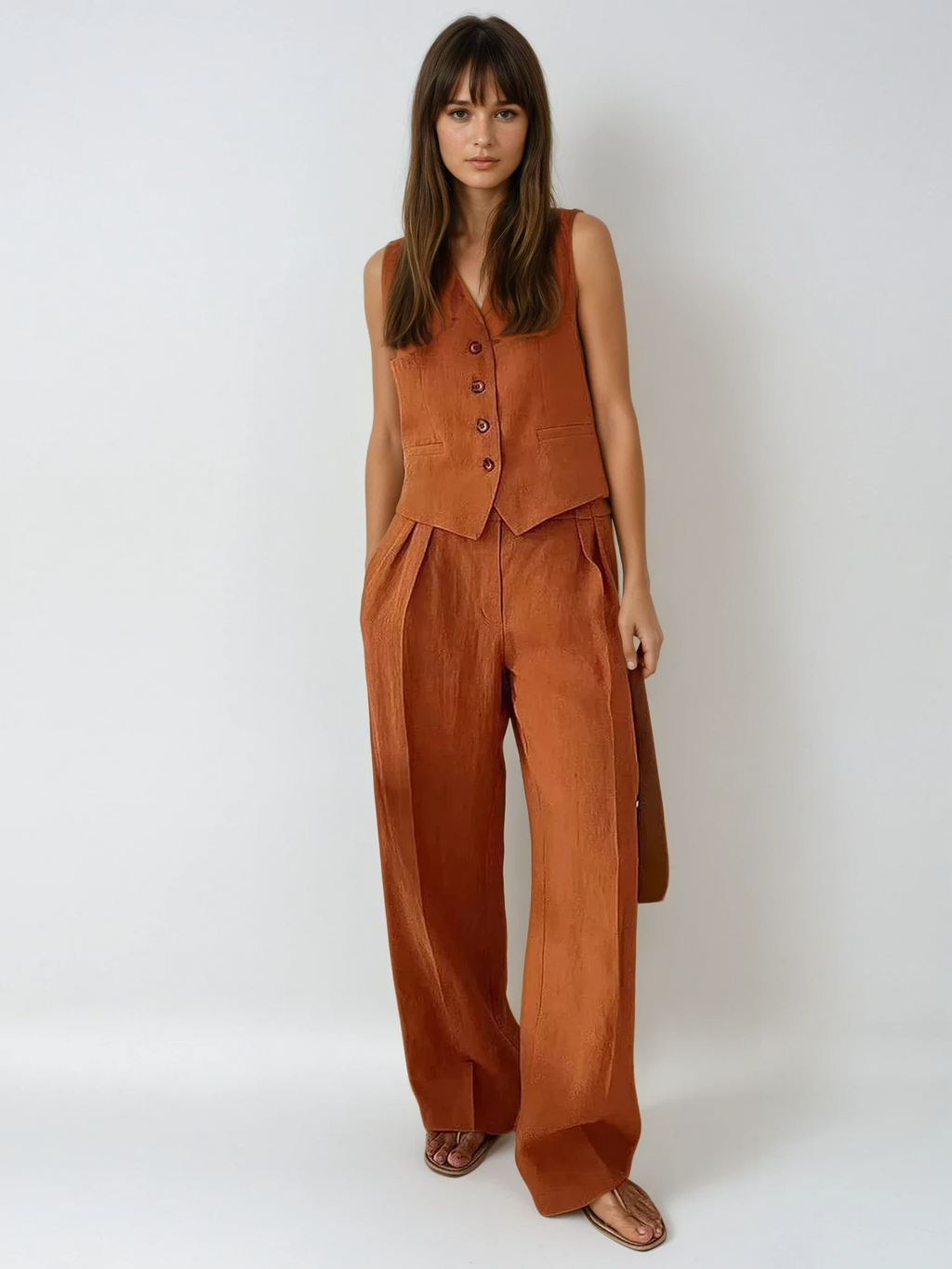 Women's Linen Two-Piece Set with Wide-Leg Trousers