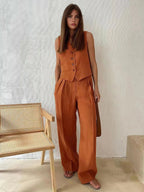 Women's Linen Two-Piece Set with Wide-Leg Trousers