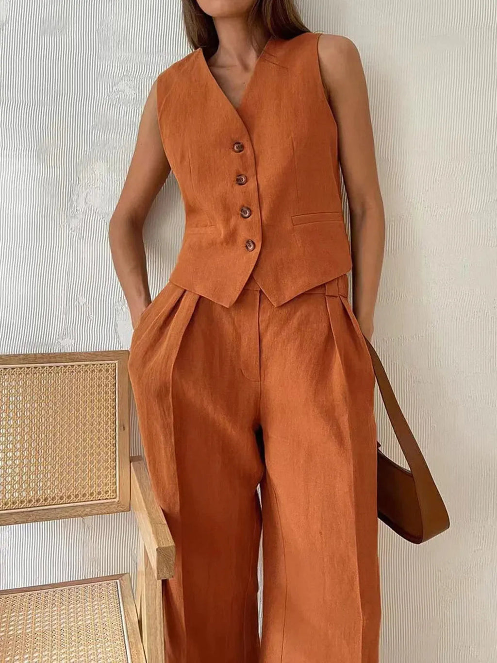 Women's Linen Two-Piece Set with Wide-Leg Trousers