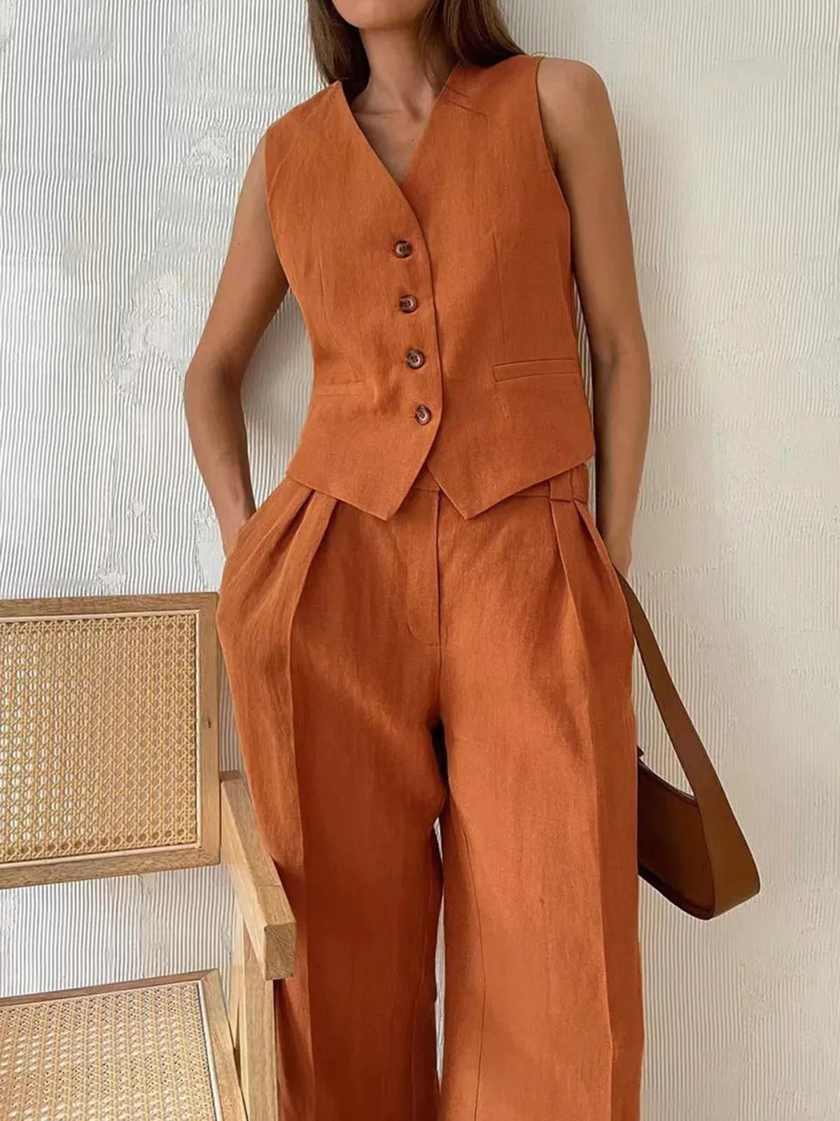 Women's Linen Two-Piece Set with Wide-Leg Trousers