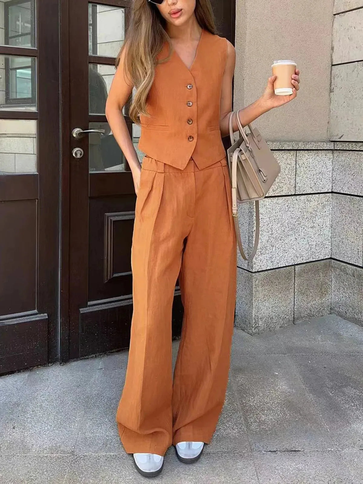 Women's Linen Two-Piece Set with Wide-Leg Trousers