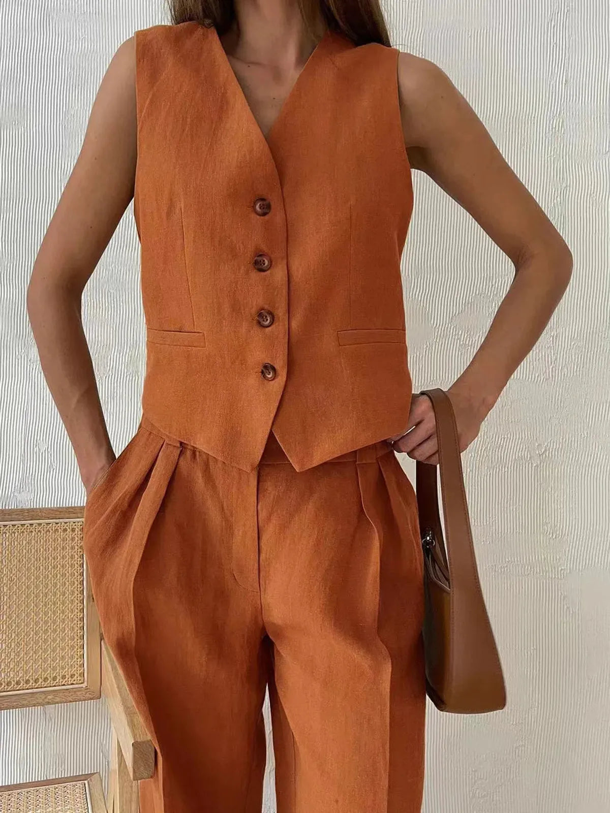 Women's Linen Two-Piece Set with Wide-Leg Trousers