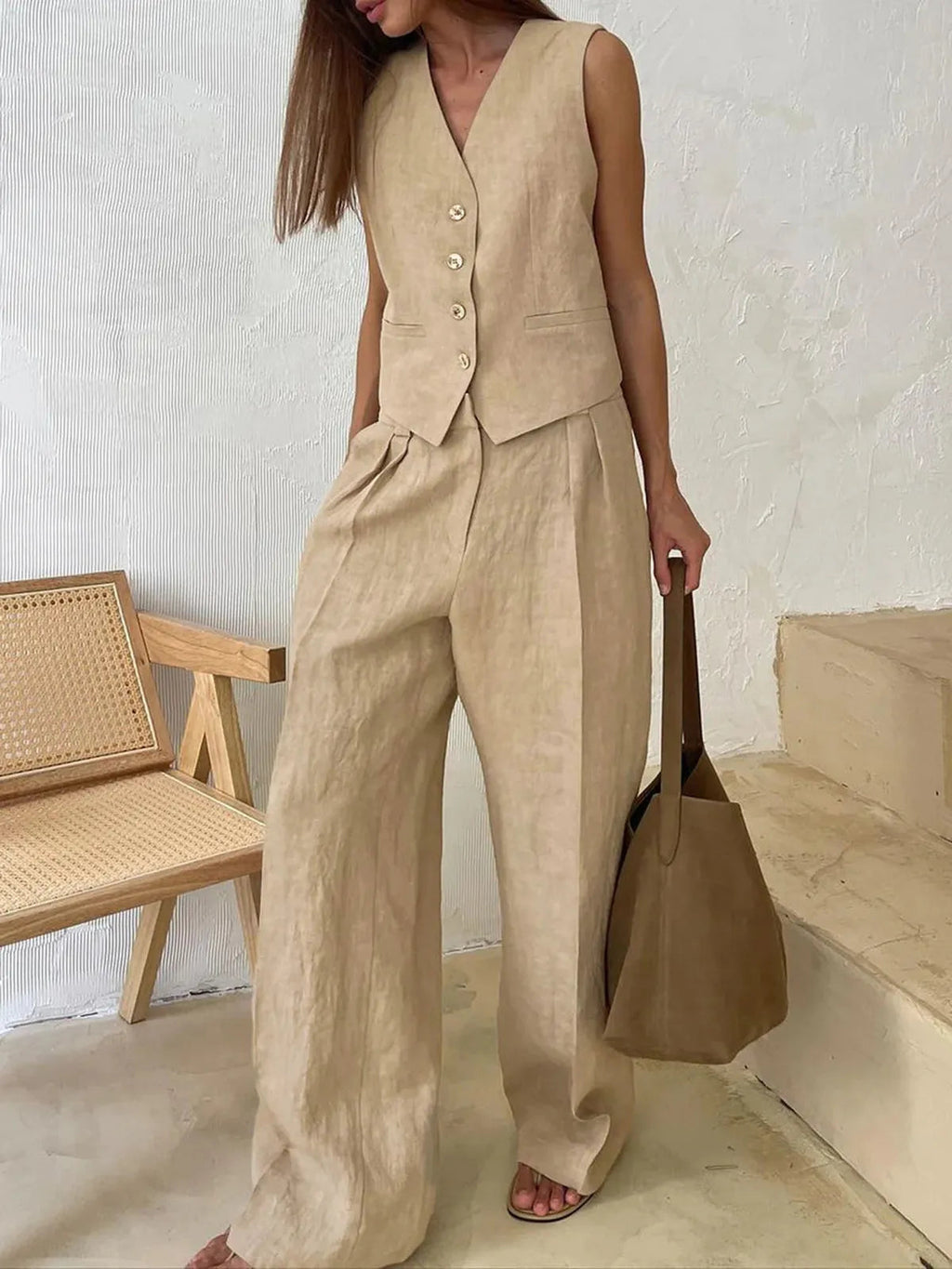 Women's Linen Two-Piece Set with Wide-Leg Trousers