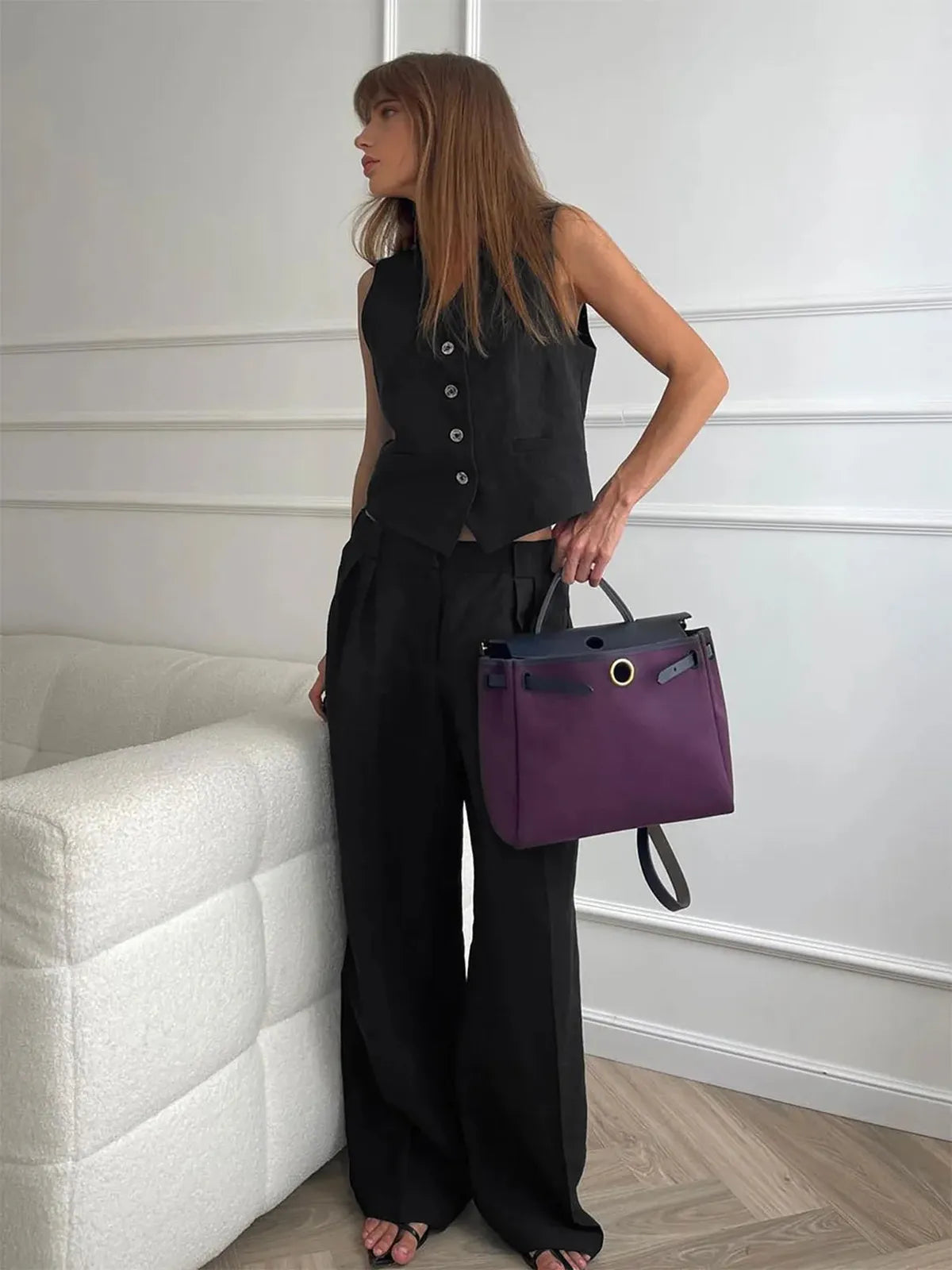 Women's Linen Two-Piece Set with Wide-Leg Trousers