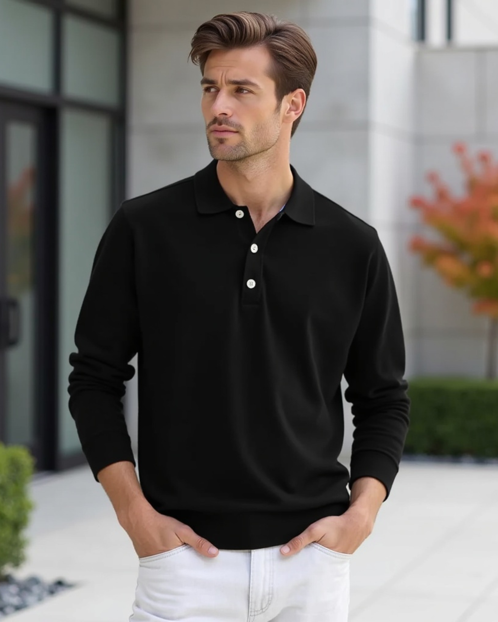 Men's Long-Sleeve Polo Shirt with Button-Front Collar