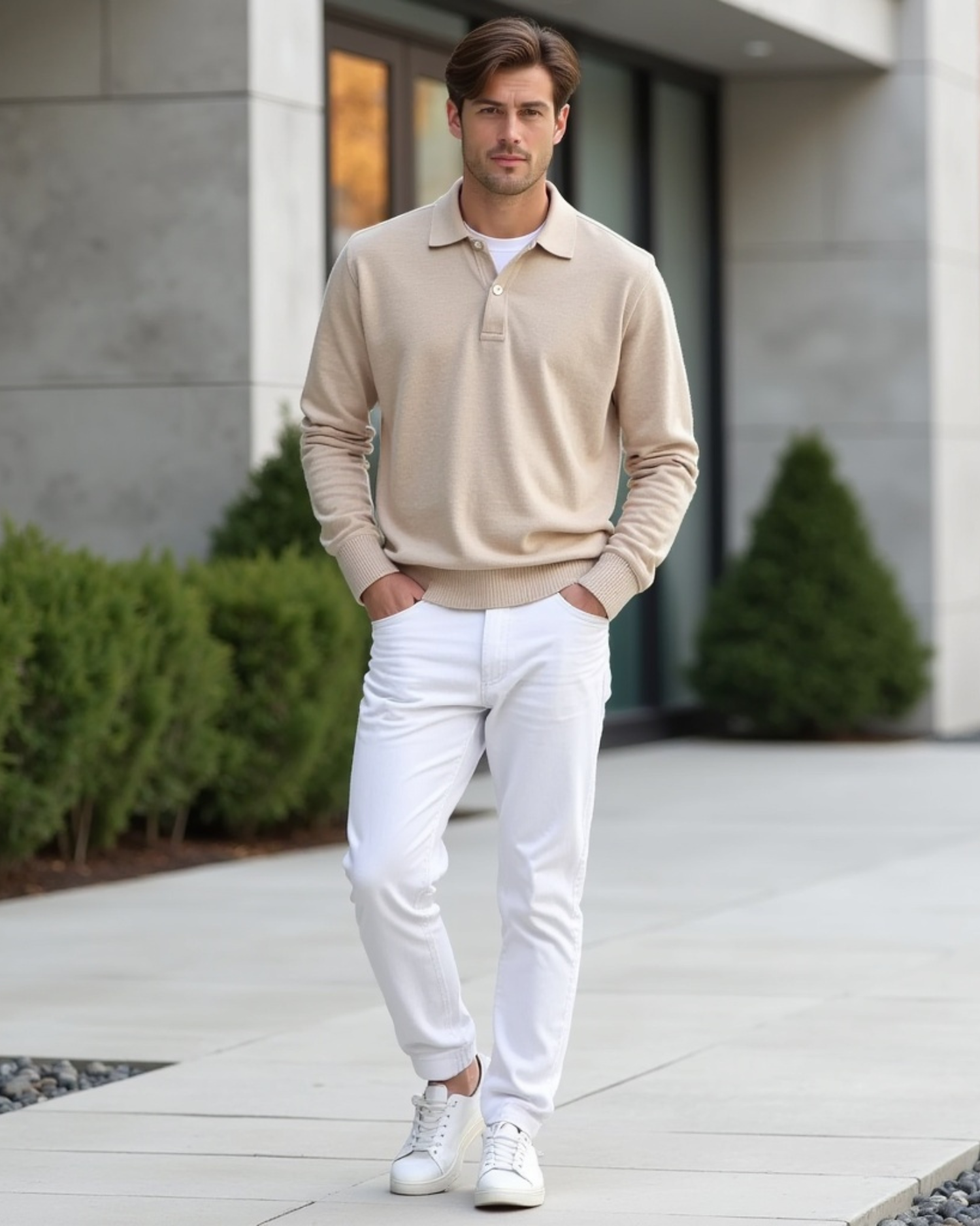 Men's Long-Sleeve Polo Shirt with Button-Front Collar