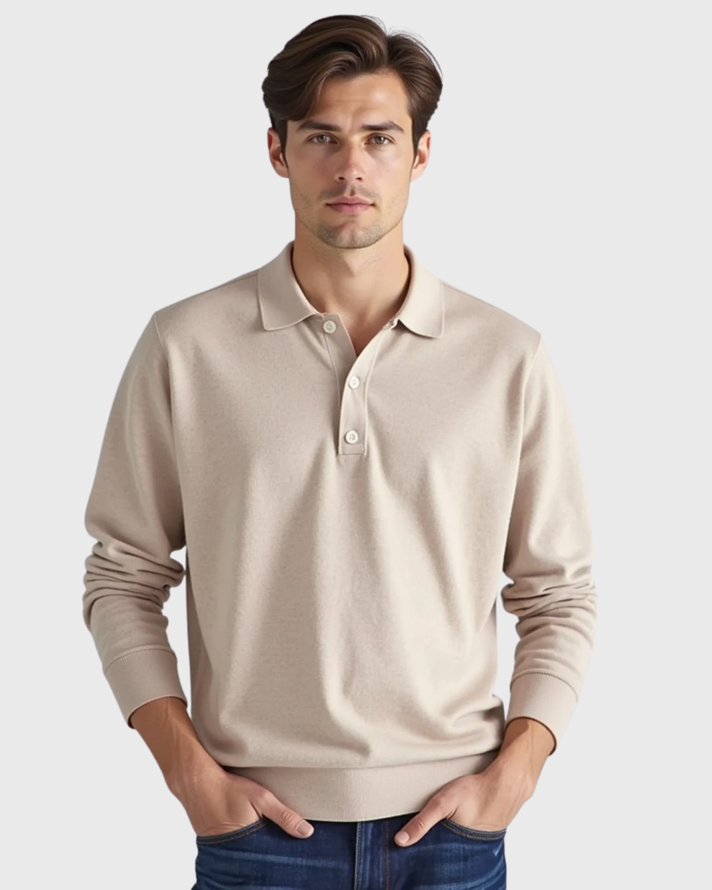 Men's Long-Sleeve Polo Shirt with Button-Front Collar