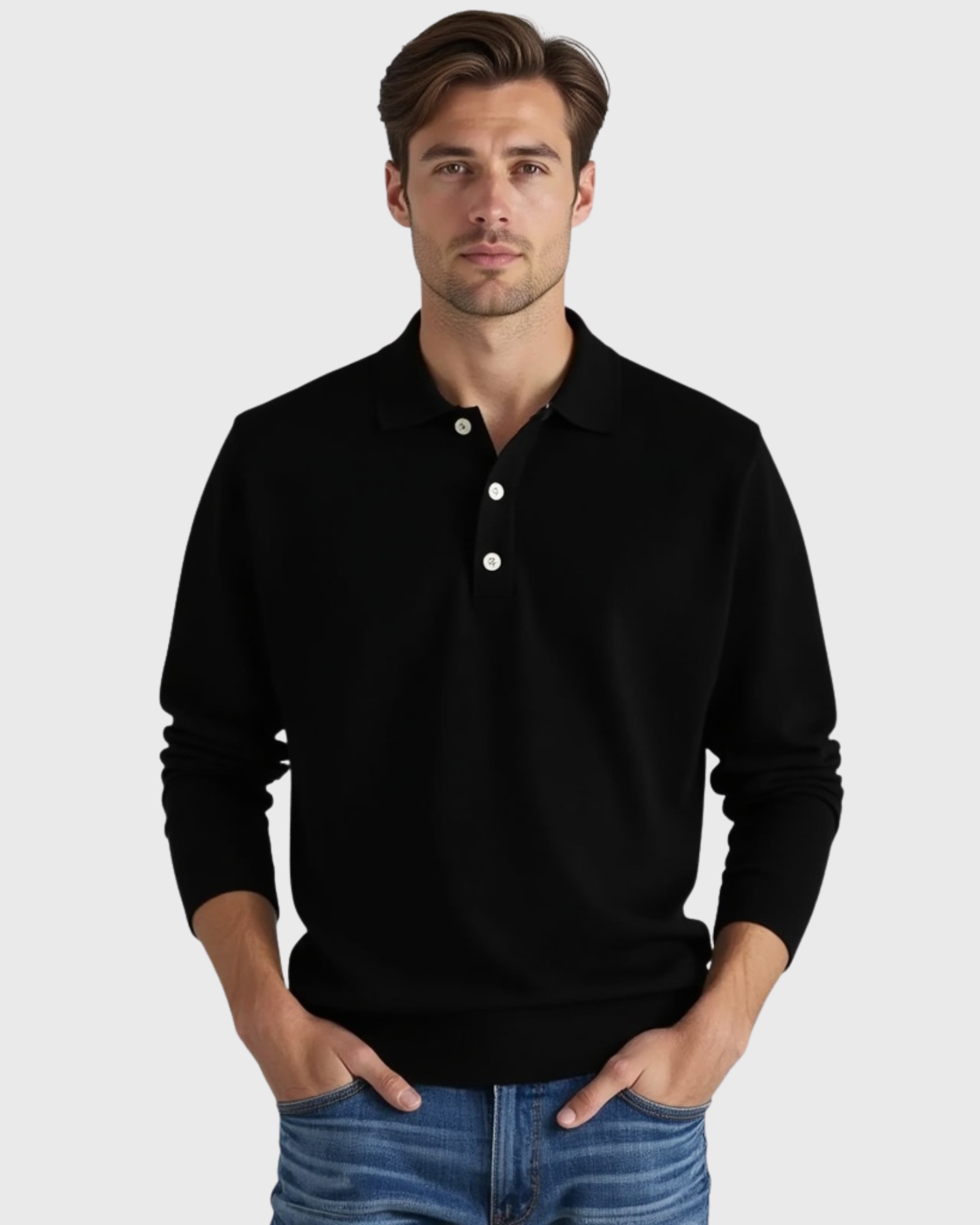 Men's Long-Sleeve Polo Shirt with Button-Front Collar