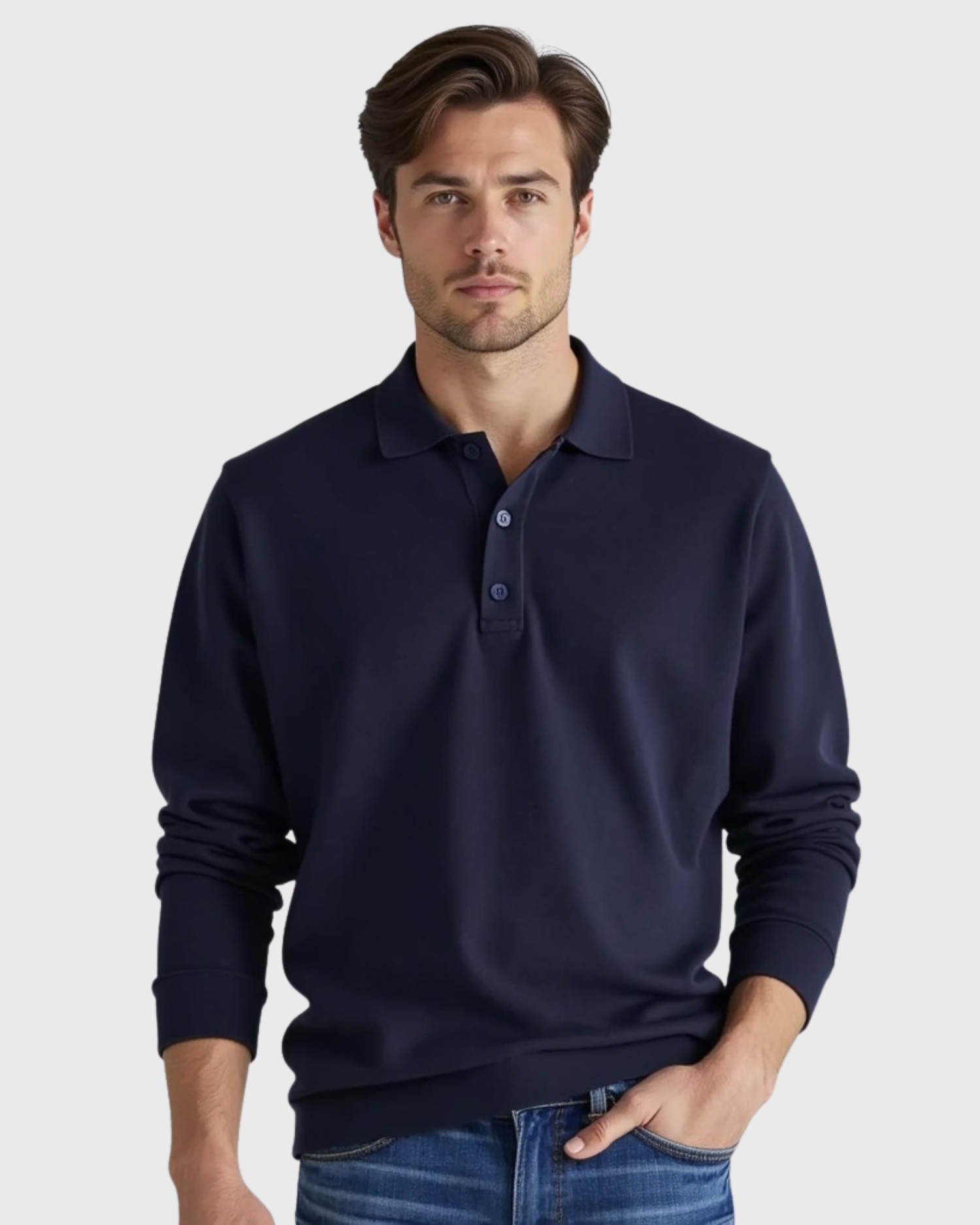 Men's Long-Sleeve Polo Shirt with Button-Front Collar