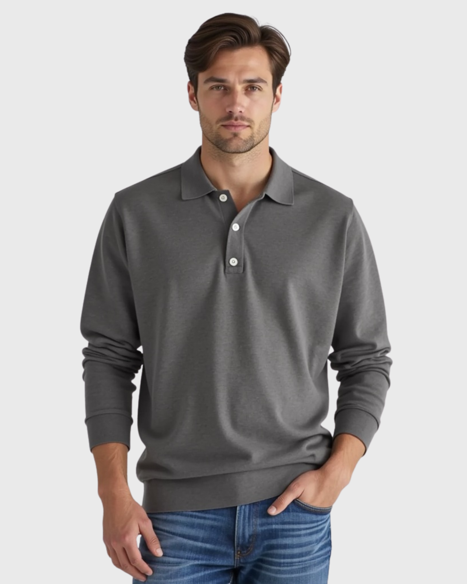 Men's Long-Sleeve Polo Shirt with Button-Front Collar
