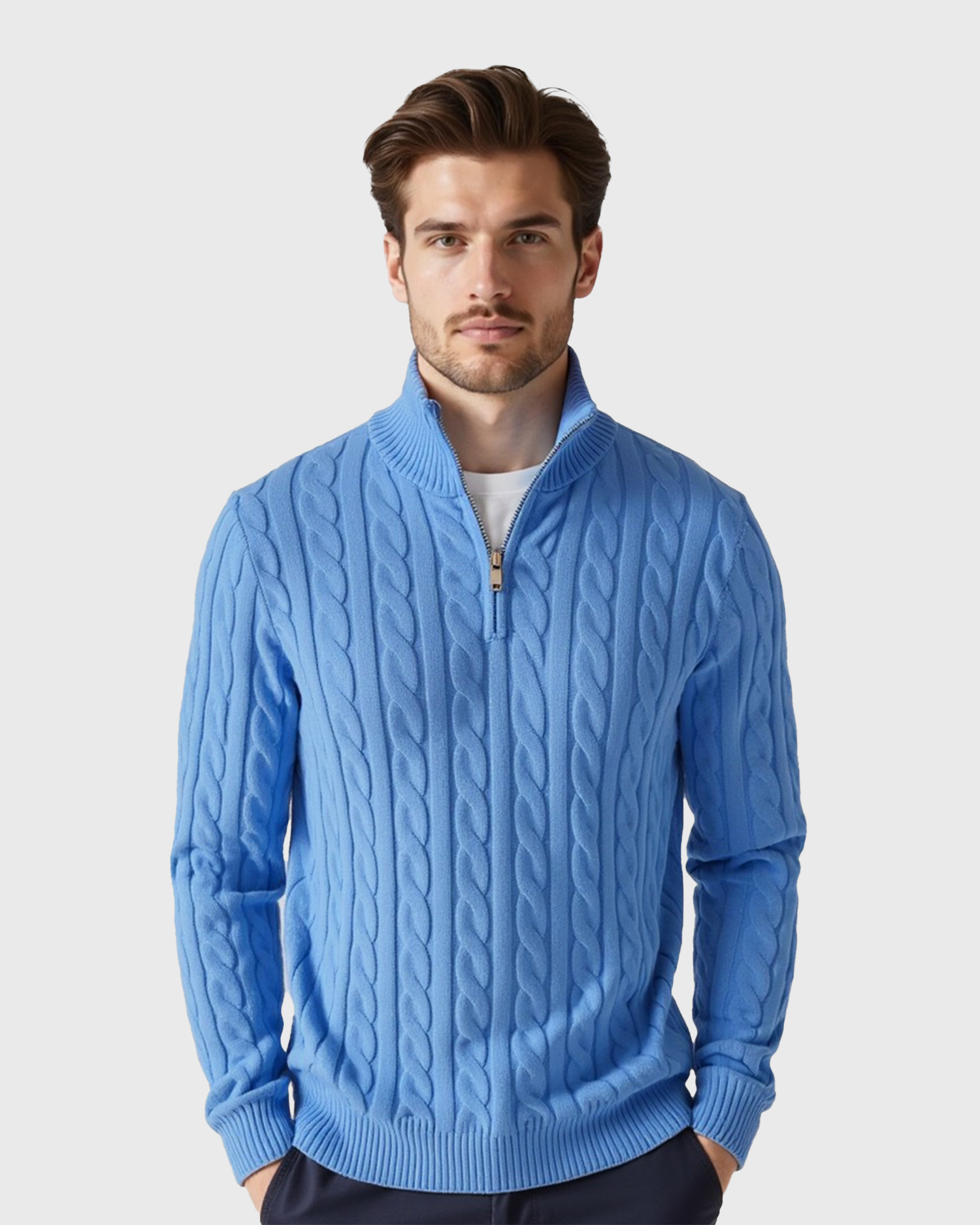 Men's Ribbed Cotton Half-Zip Sweater with High Neck