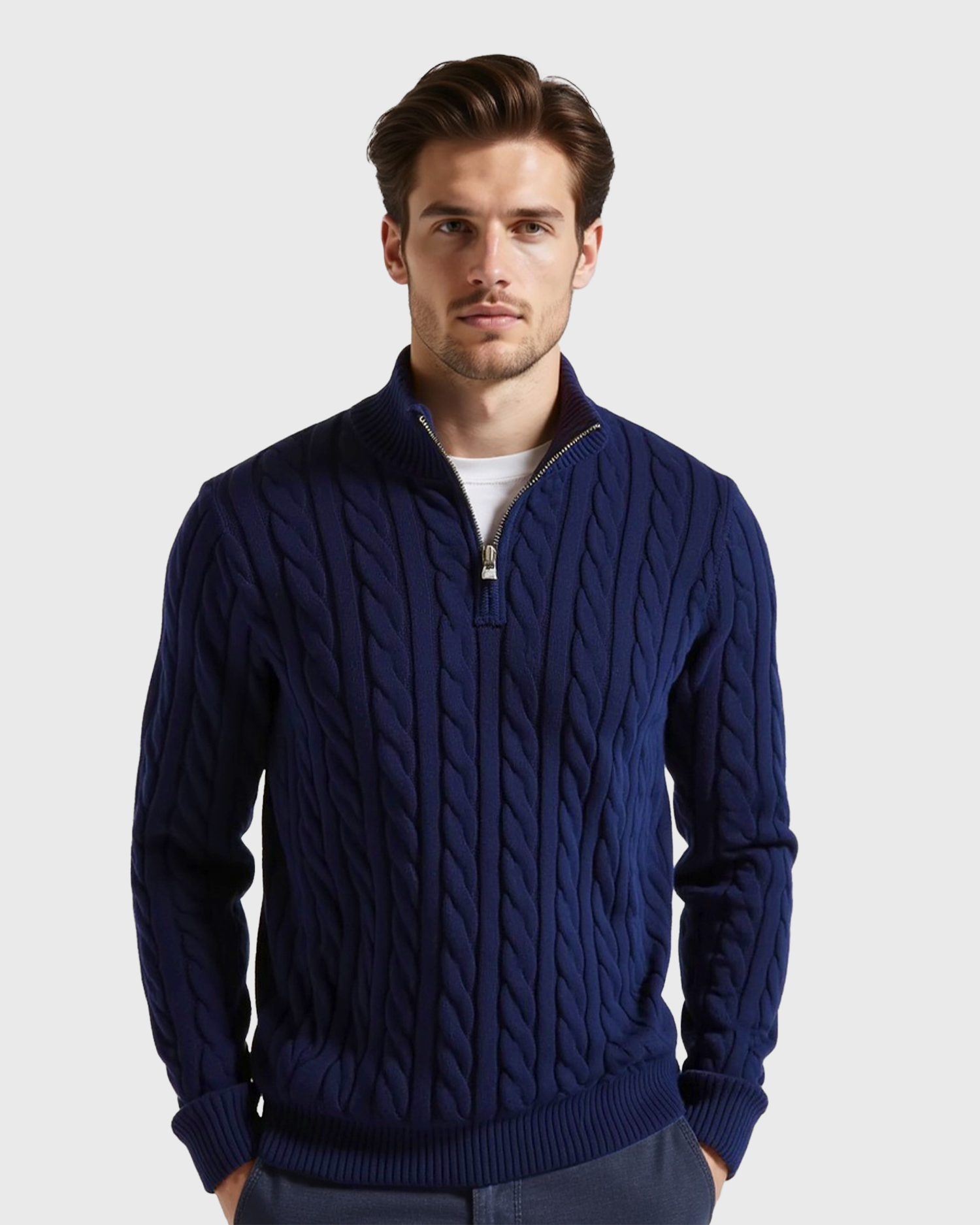 Men's Ribbed Cotton Half-Zip Sweater with High Neck