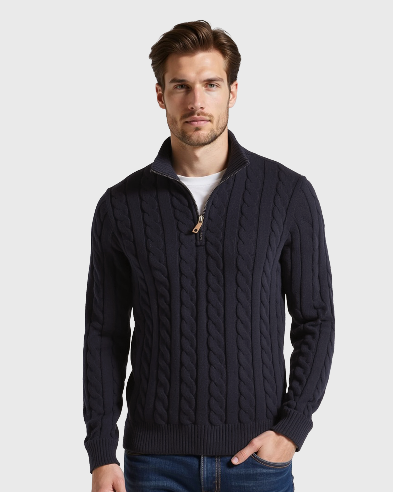 Men's Ribbed Cotton Half-Zip Sweater with High Neck