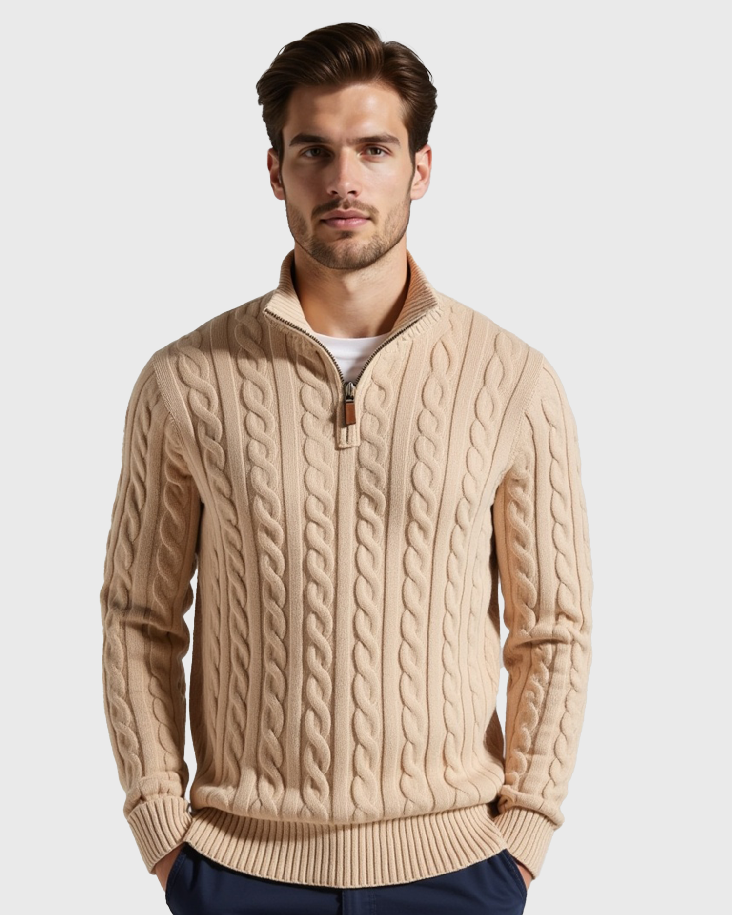Men's Ribbed Cotton Half-Zip Sweater with High Neck