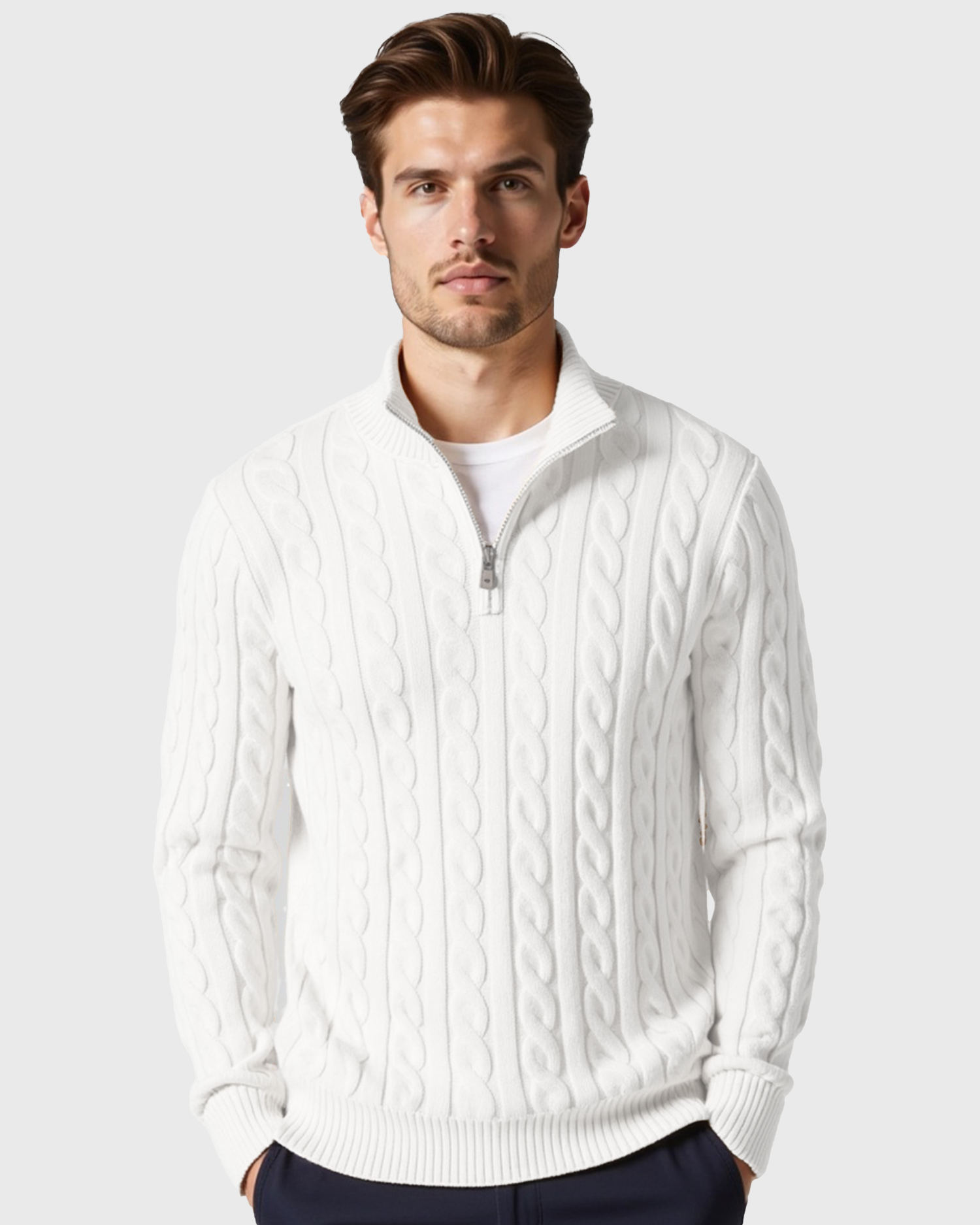 Men's Ribbed Cotton Half-Zip Sweater with High Neck