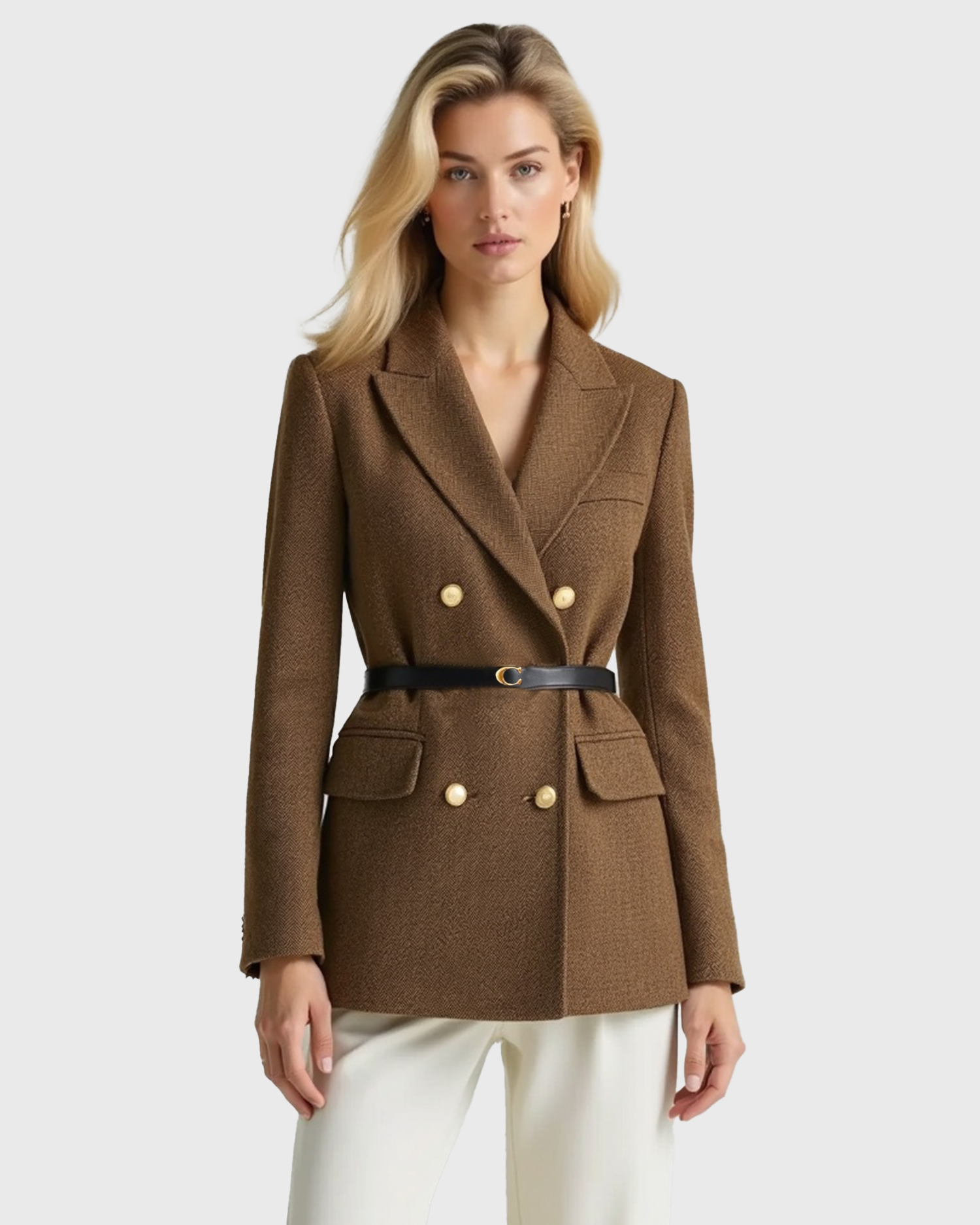 Women's Double-Breasted Tweed Coat with Notched Lapel