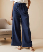 Women's Loose Linen-Blend Trousers with Elastic Waistband