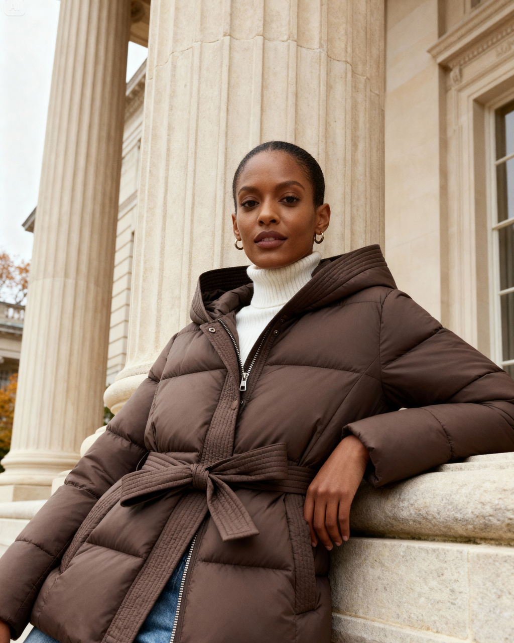 Women's Quilted Hooded Padded Coat with Tie Belt