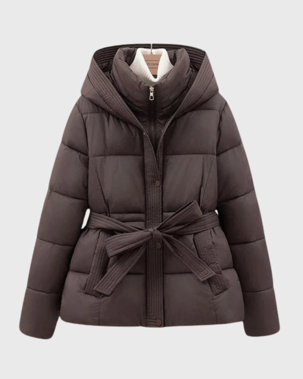 Women's Quilted Hooded Padded Coat with Tie Belt