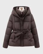 Women's Quilted Hooded Padded Coat with Tie Belt