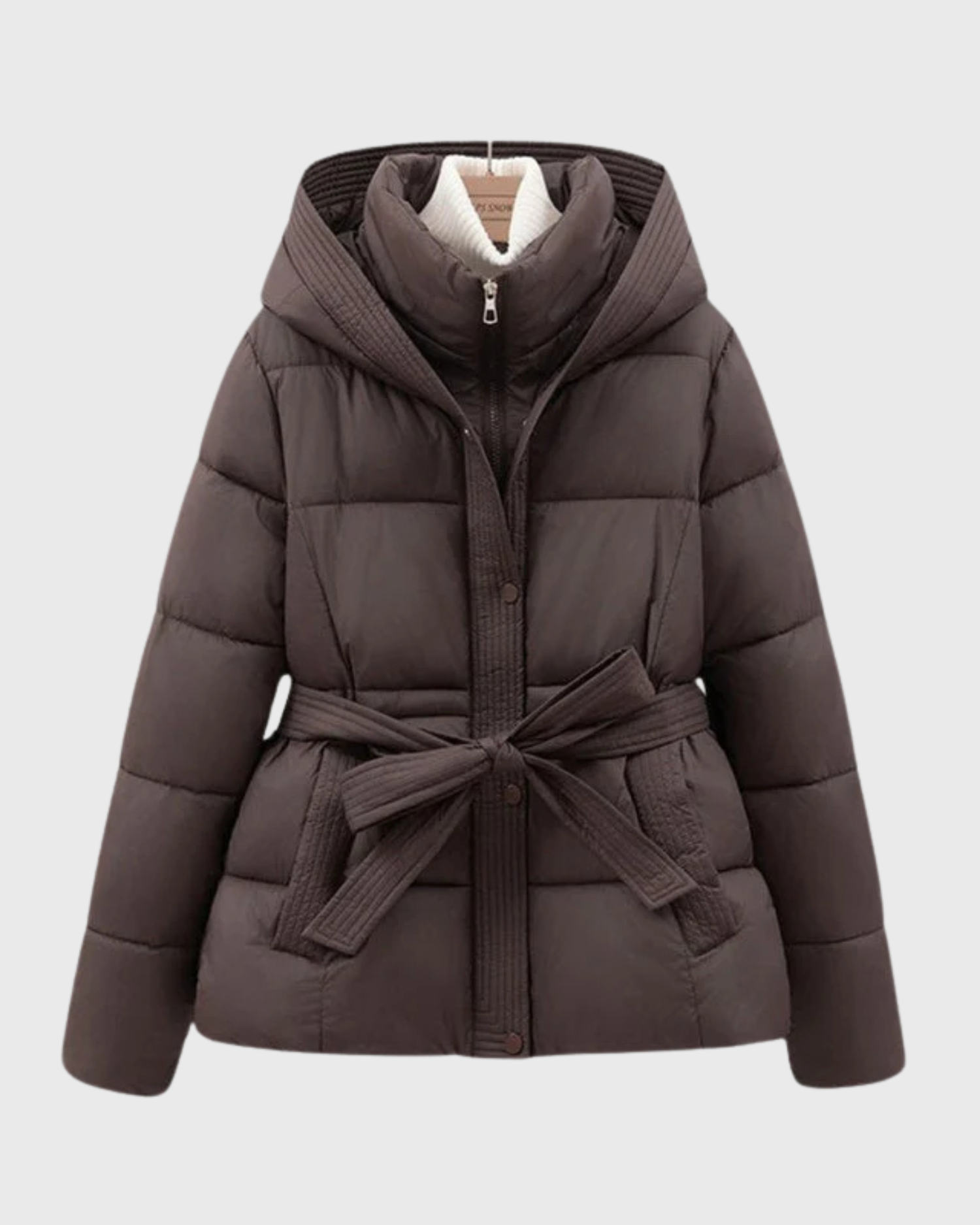 Women's Quilted Hooded Padded Coat with Tie Belt
