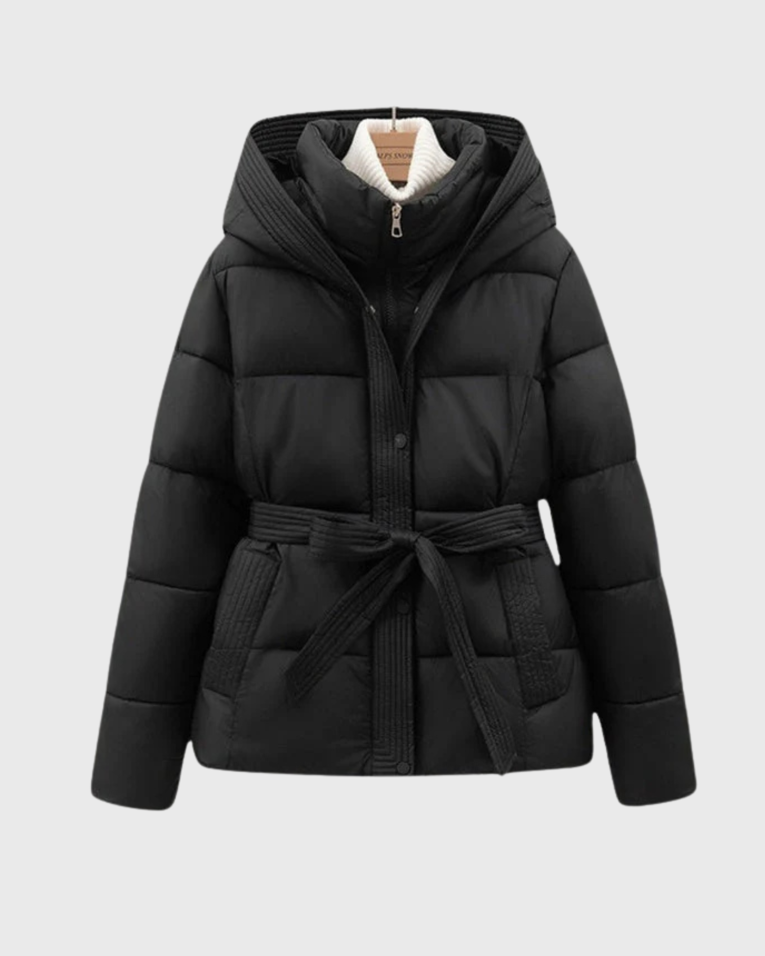 Women's Quilted Hooded Padded Coat with Tie Belt