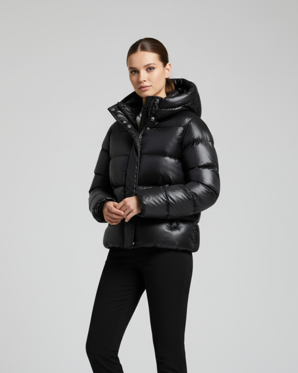 Women's Cropped Hooded Puffer Jacket with Shiny Quilted Finish