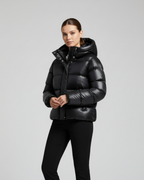 Women's Cropped Hooded Puffer Jacket with Shiny Quilted Finish