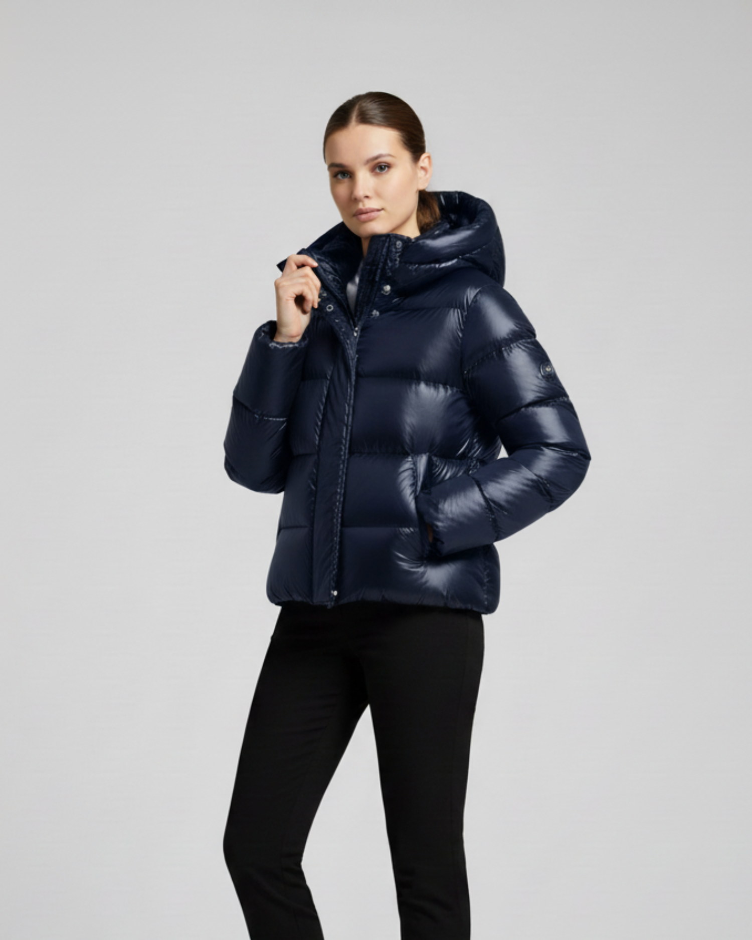 Women's Cropped Hooded Puffer Jacket with Shiny Quilted Finish