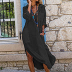 Women's Oversized Linen Maxi Shirt Dress with Pointed Collar