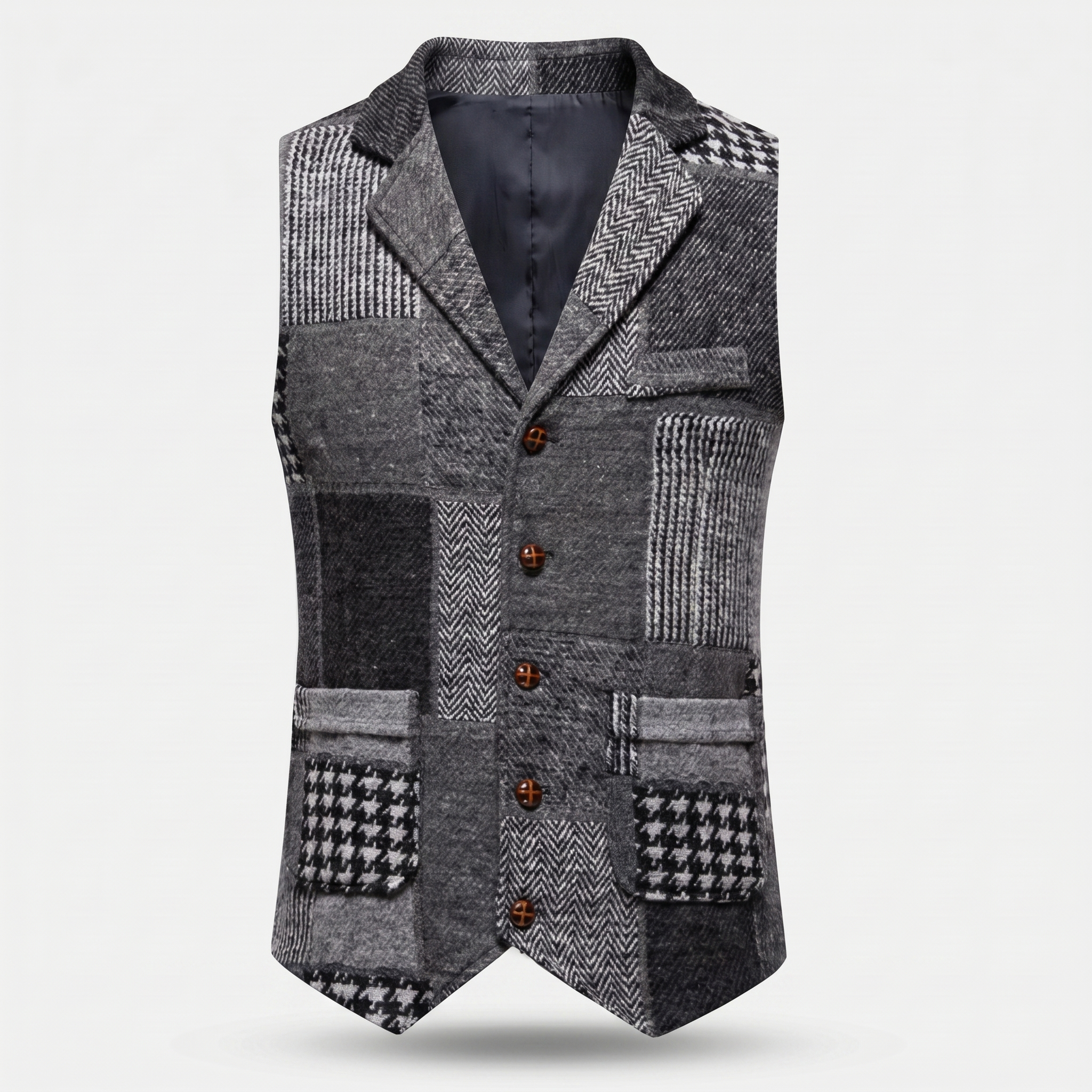 Men's Tailored Tweed Vest with Patchwork Design