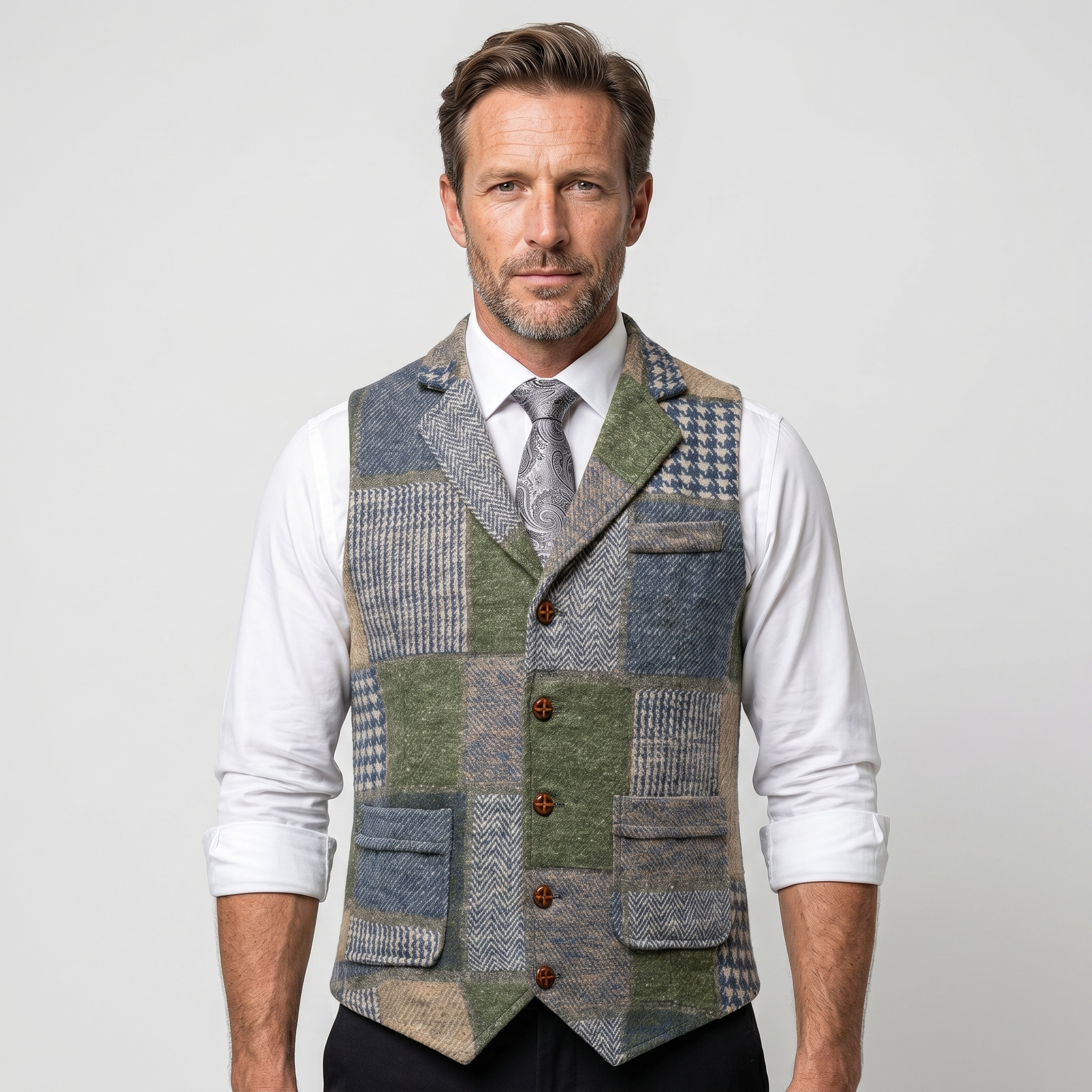 Men's Tailored Tweed Vest with Patchwork Design