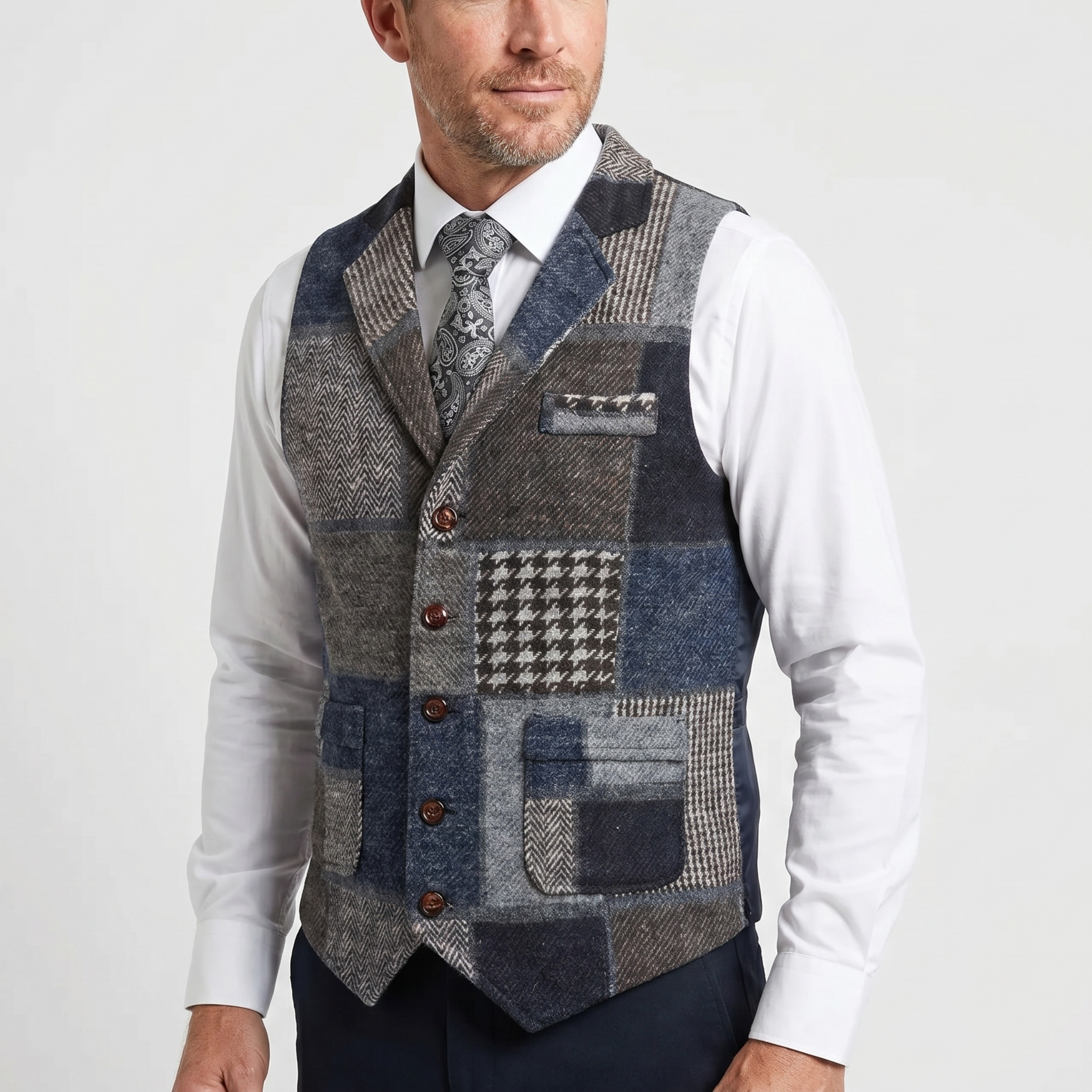 Men's Tailored Tweed Vest with Patchwork Design