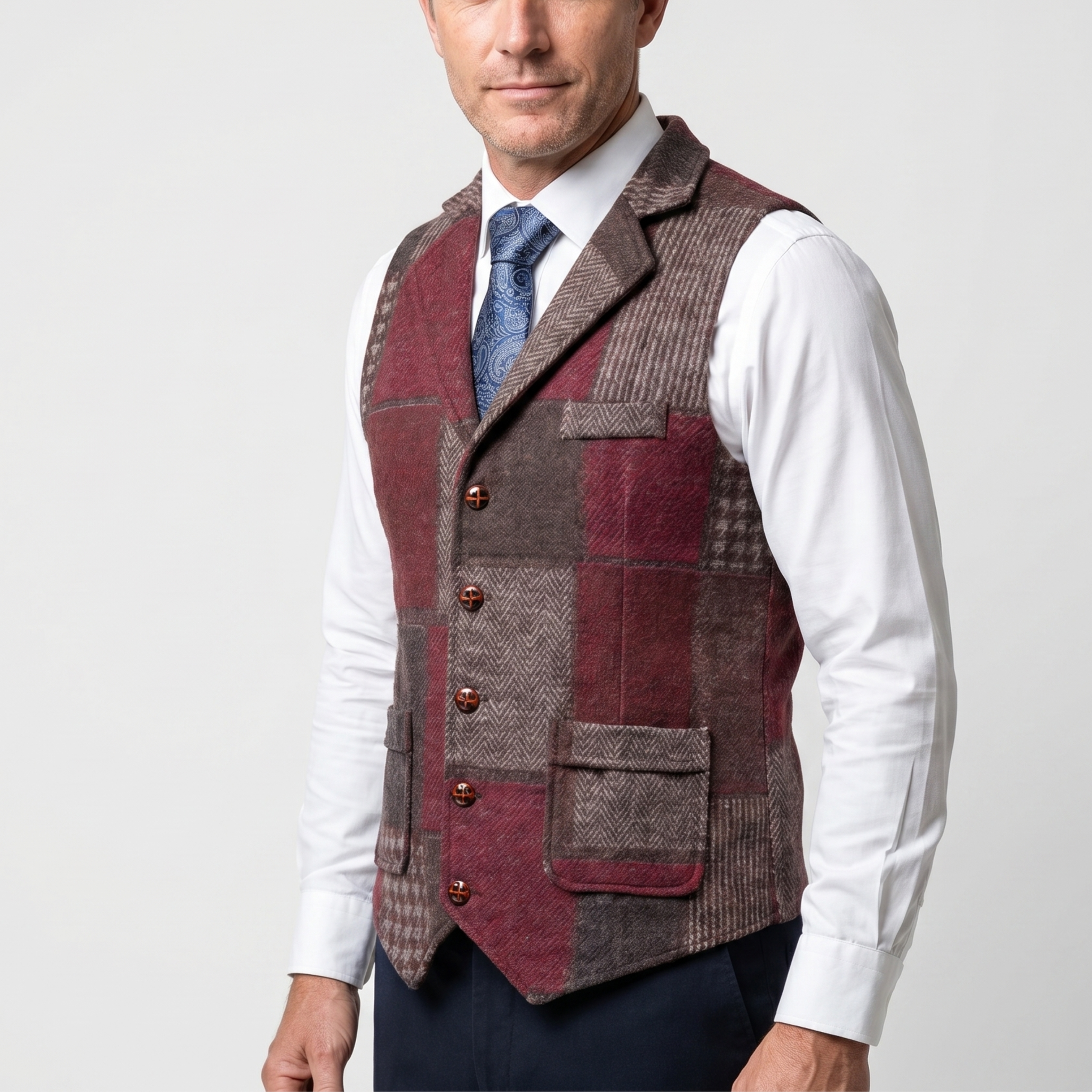 Men's Tailored Tweed Vest with Patchwork Design