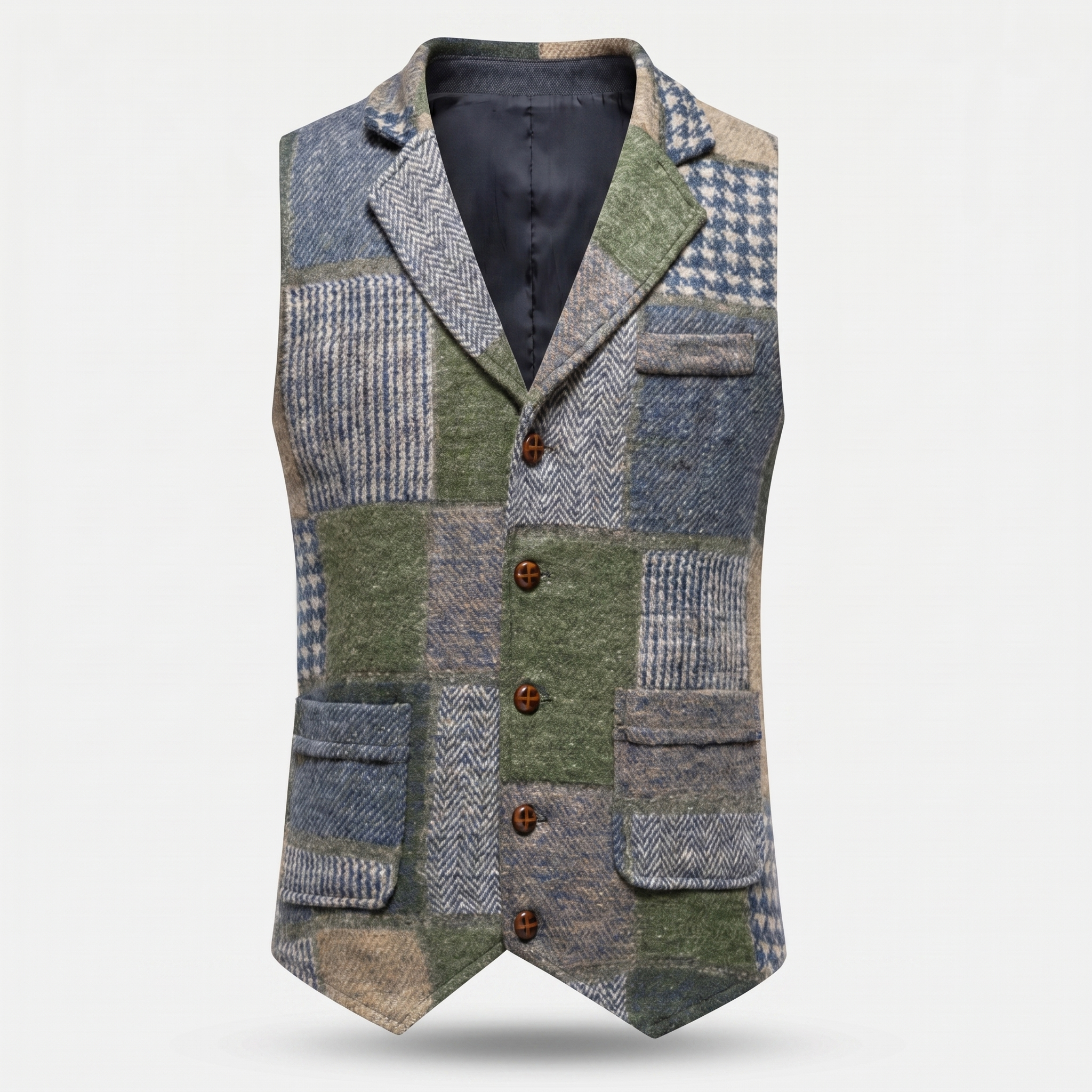 Men's Tailored Tweed Vest with Patchwork Design