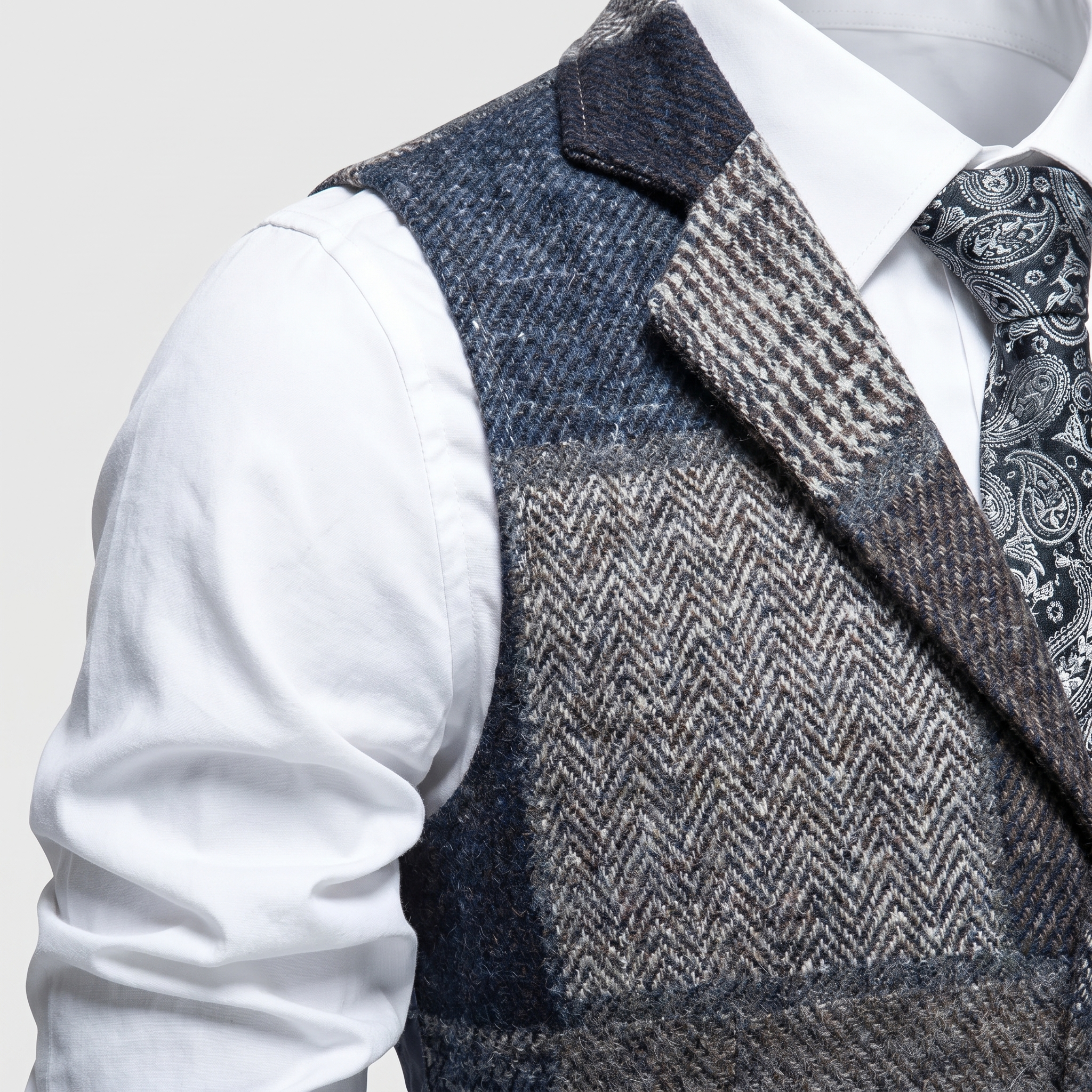 Men's Tailored Tweed Vest with Patchwork Design