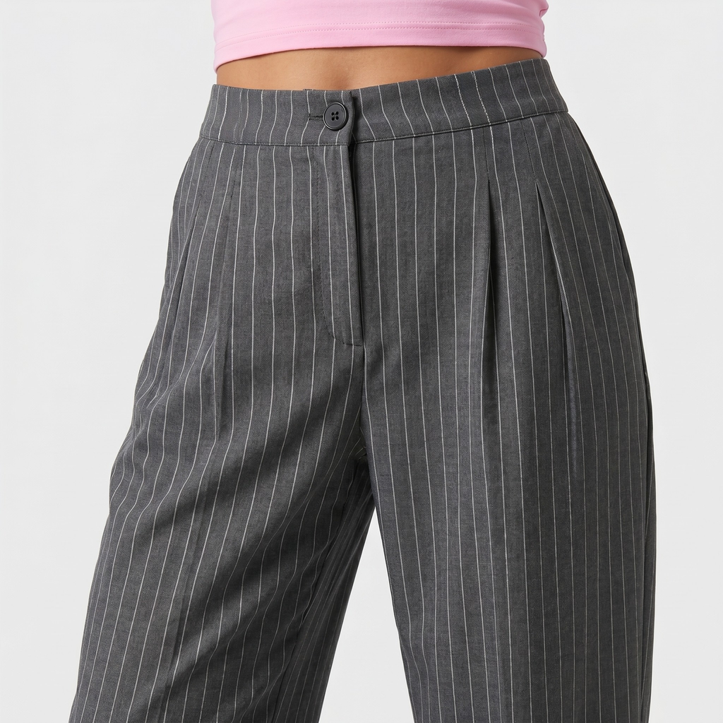 Women's High-Waist Pinstripe Wide-Leg Pants with Pleated Front