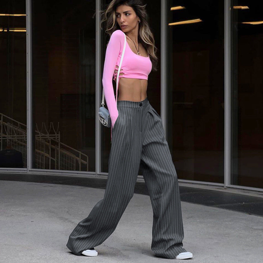 Women's High-Waist Pinstripe Wide-Leg Pants with Pleated Front