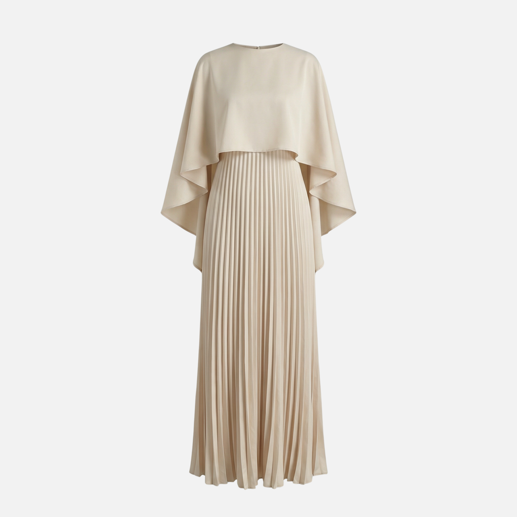 Women's Pleated Chiffon Maxi Dress with Cape Overlay