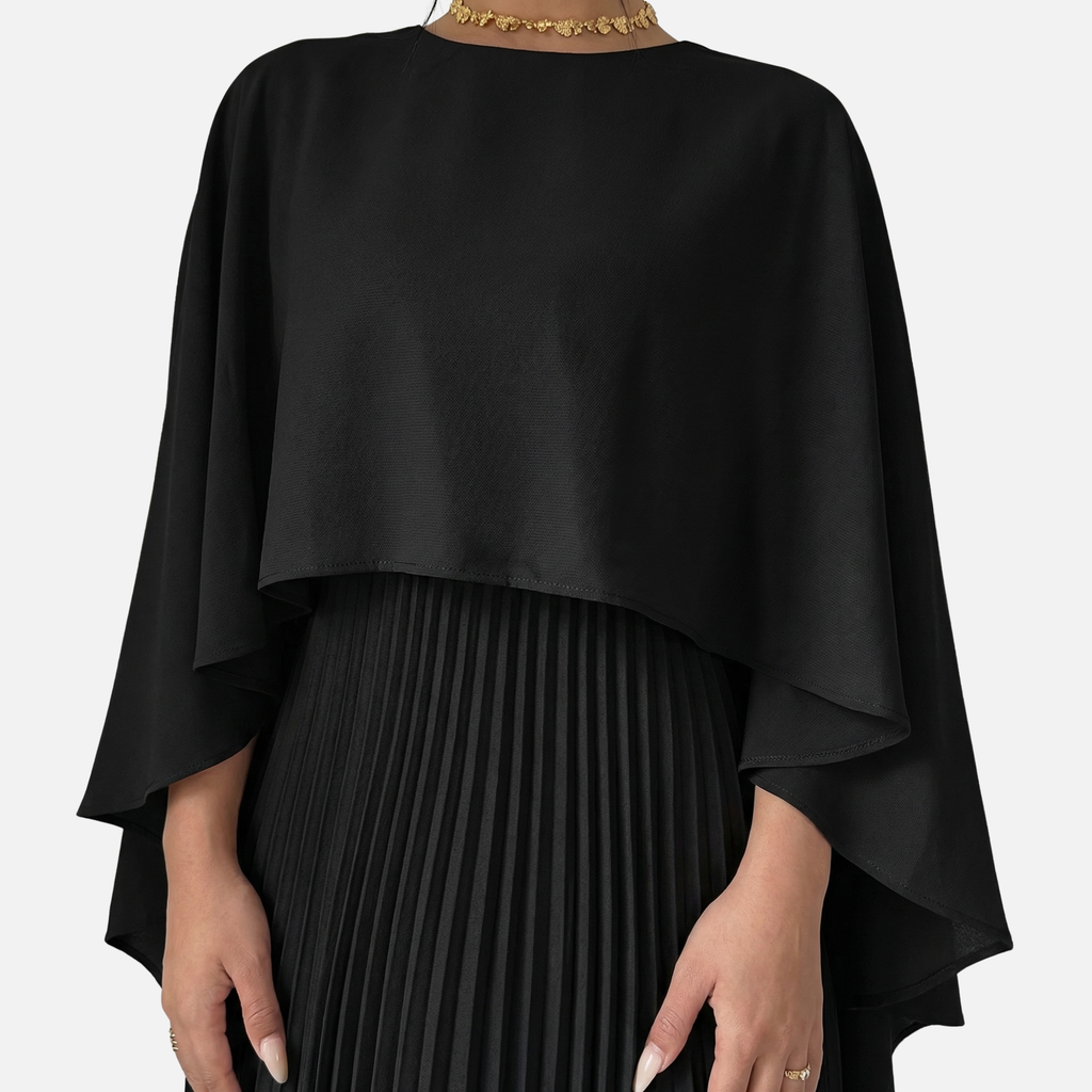 Women's Pleated Chiffon Maxi Dress with Cape Overlay