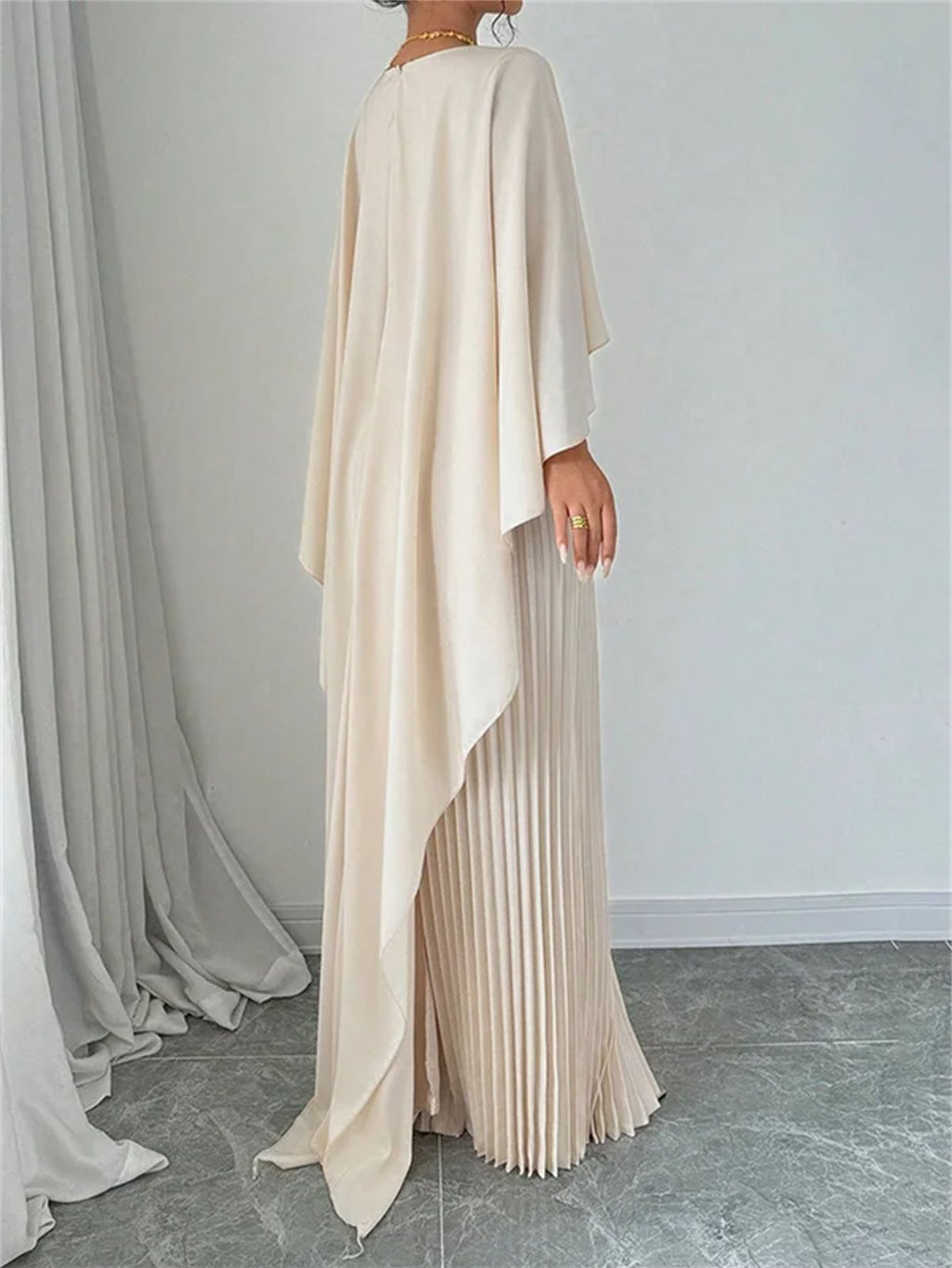 Women's Pleated Chiffon Maxi Dress with Cape Overlay