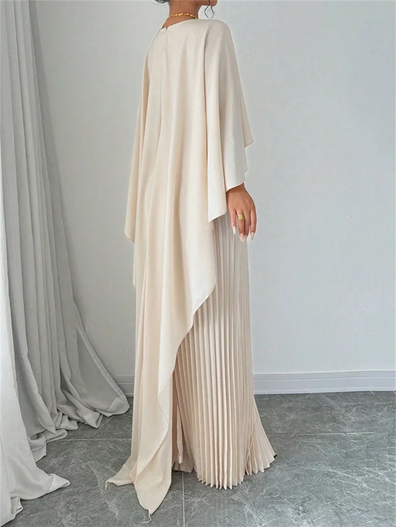 Women's Pleated Chiffon Maxi Dress with Cape Overlay
