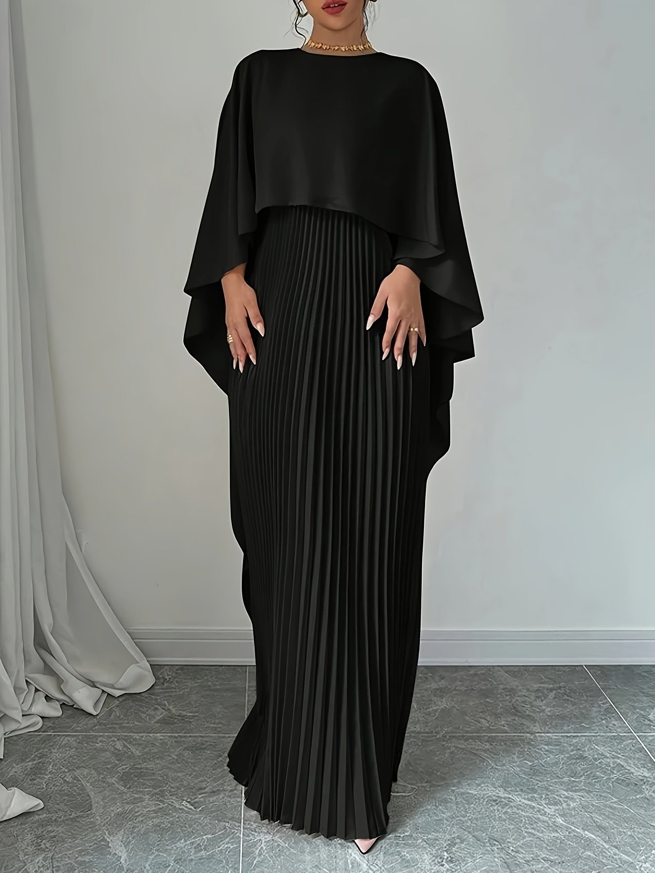 Women's Pleated Chiffon Maxi Dress with Cape Overlay